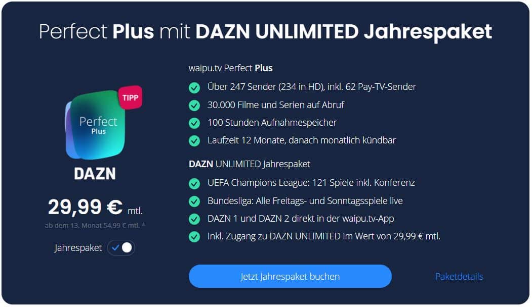 Waipu.tv und 39,99 Euro 29,99 statt zusammen für Unlimited DAZN